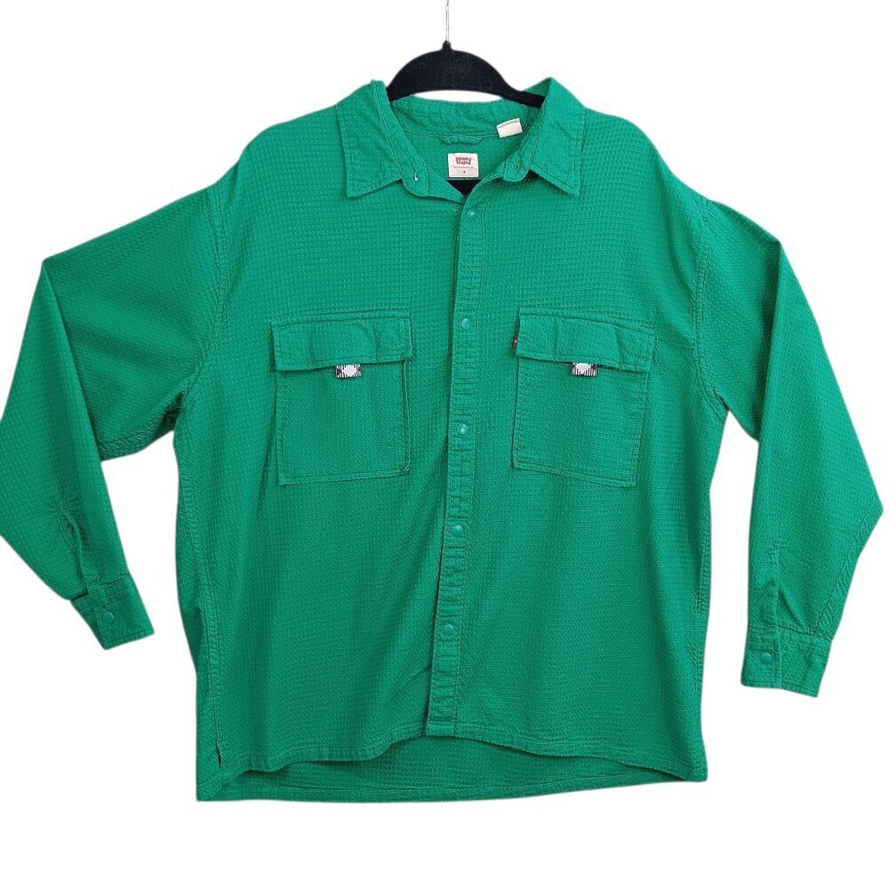 LEVI'S Women's Oversized Raglan Button Down Shirt Pepper Green Sz M Press Button